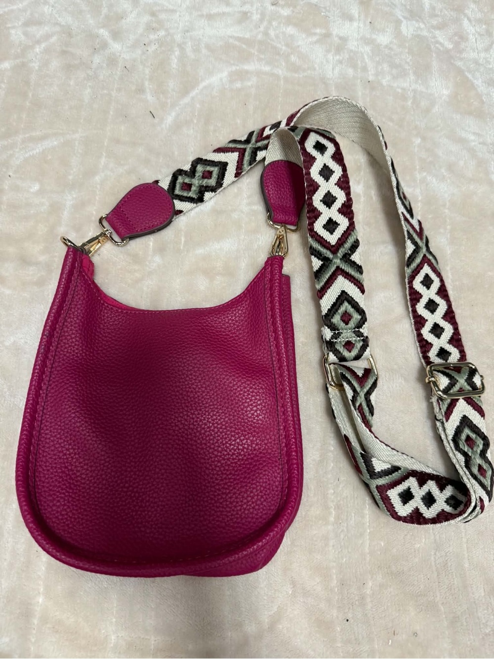 Pebble-Grain Crossbody Bag in Fuchsia with Patterned Adjustable Strap